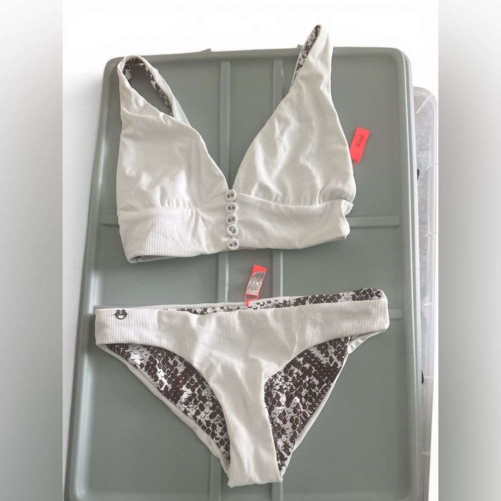 Maaji White Ribbed Bikini Set with Brown Patterned Lining